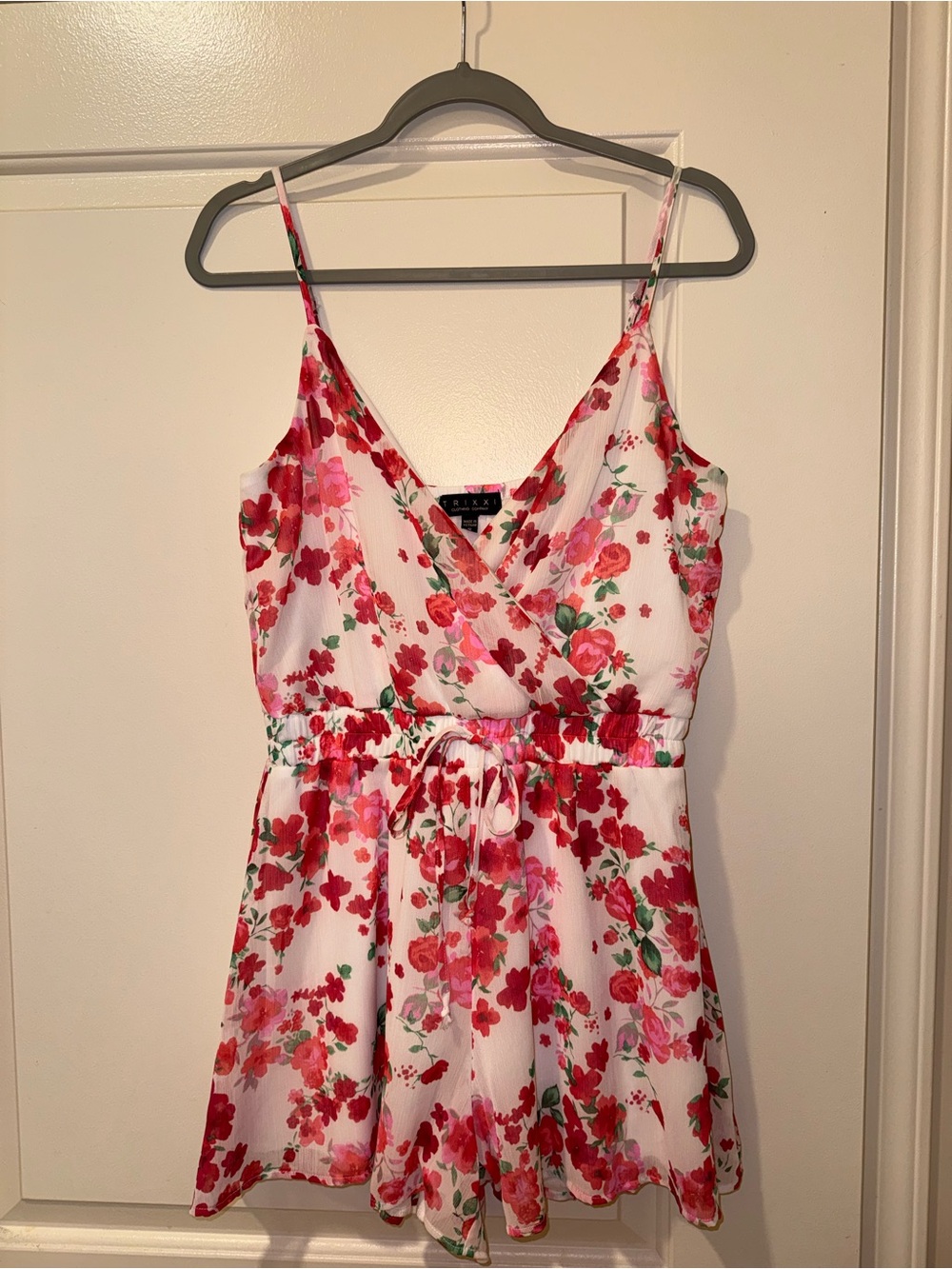 White Floral Spaghetti-Strap Romper with Red & Pink Flowers